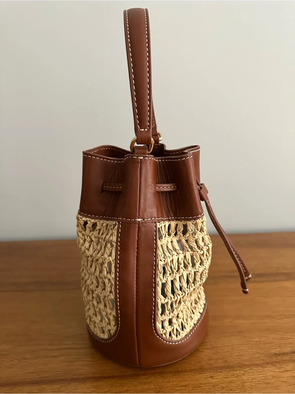 NWT J. Crew Drawstring Bag in English Saddle Leather and Straw
